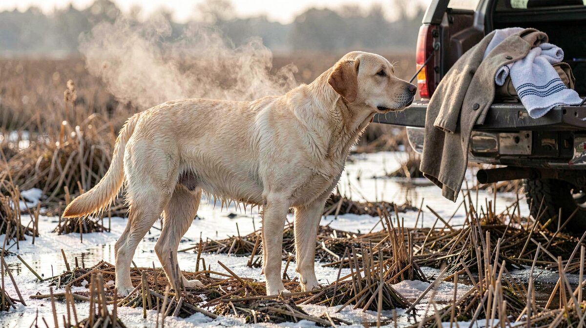 A wet yellow Labrador standing on frozen stubble at the edge of a shallow slough in low December morning light, steam rising off its back, a folded towel and a dry coat on the tailgate of a pickup behind it, medium shot from the side.