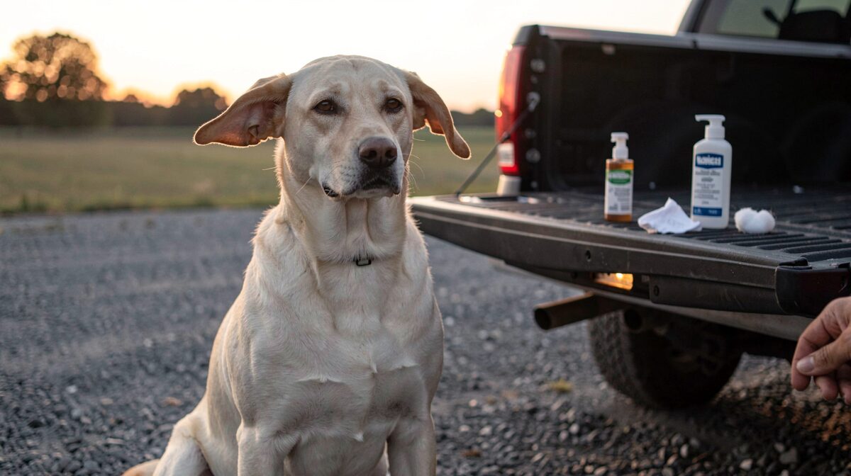 A yellow Labrador sits on a gravel boat ramp at dusk, one ear flap lifted by a handler's hand, a bottle of ear cleaner and a cotton ball on the tailgate of a pickup behind them, low warm light from the west.