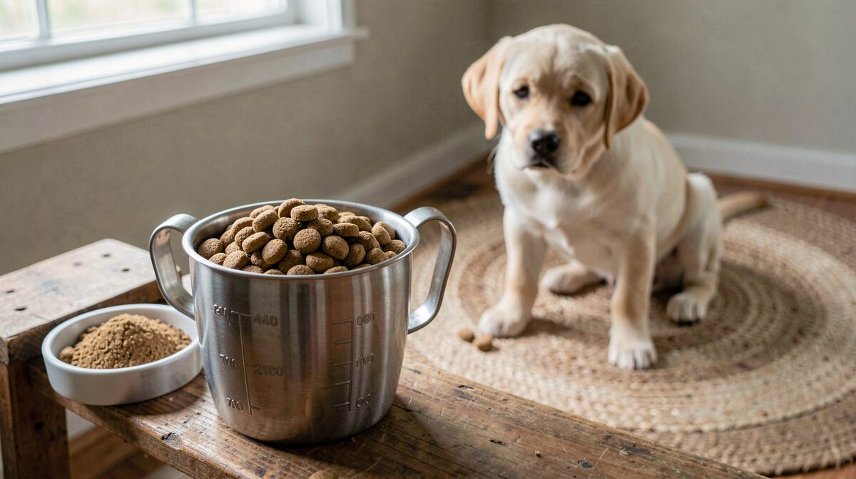 A stainless steel measuring cup filled with large-breed puppy kibble sits on a wooden bench beside a food bowl, with a yellow Labrador puppy waiting on a braided rug in the background, soft morning light from a north window.