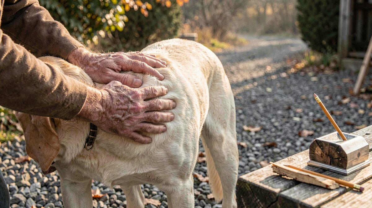 A pair of weathered hands pressing along the ribcage of a yellow Labrador standing on a gravel yard in late October morning light, a paper weight log and pencil on a nearby wooden bench, medium close shot.