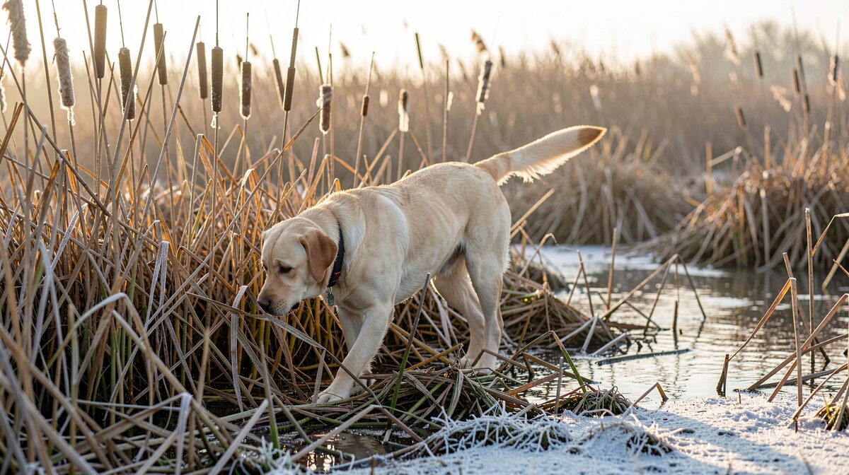 A yellow Labrador pushing through a stand of dead cattails at the edge of a shallow marsh on a cold December morning, head low, tail visible above the stems, low sun behind the dog and frost on the near bank.