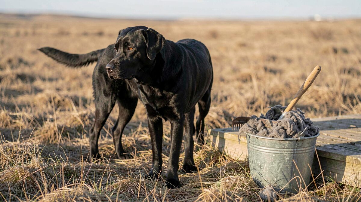 A black Labrador standing on dry late-winter grass in flat northern plains light, an undercoat rake resting on a wooden step beside a bucket of pulled grey undercoat, low afternoon sun, medium shot from the side.